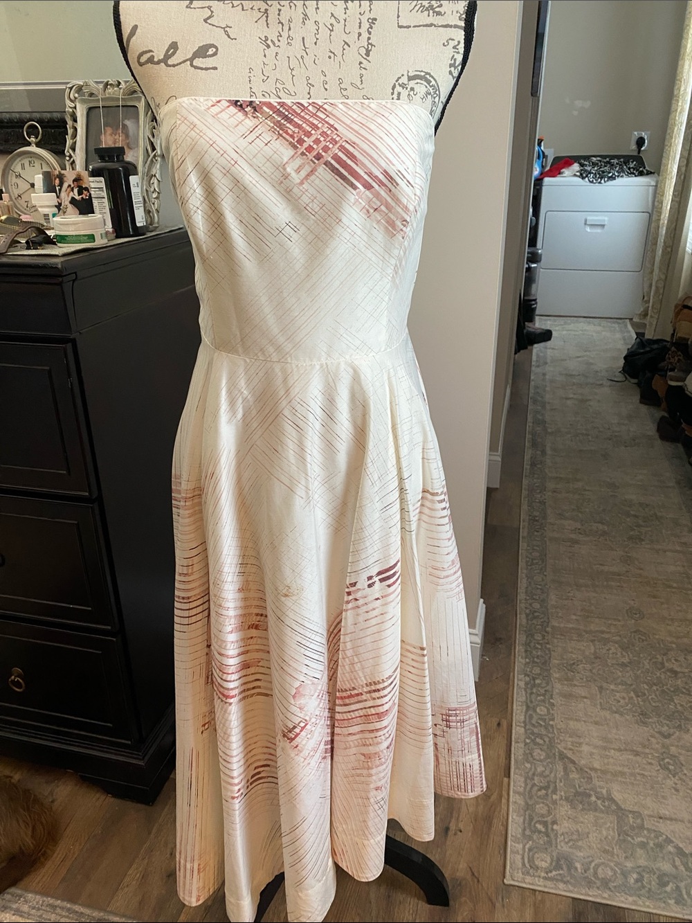 Ivory Sculpted A-Line Dress with Subtle Pink Brushstroke Print